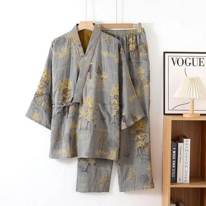 BRUSHSILK – Cotton Kimono-Inspired Pajama Set with Artistic Watercolor Motifs