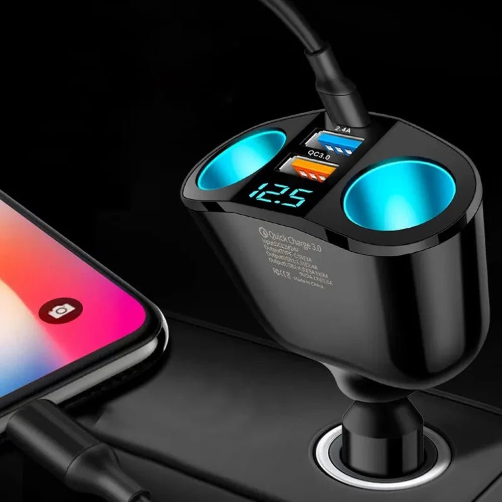 VOLTDUO – 12V–24V car charger with dual USB socket splitter and bright LED voltage display