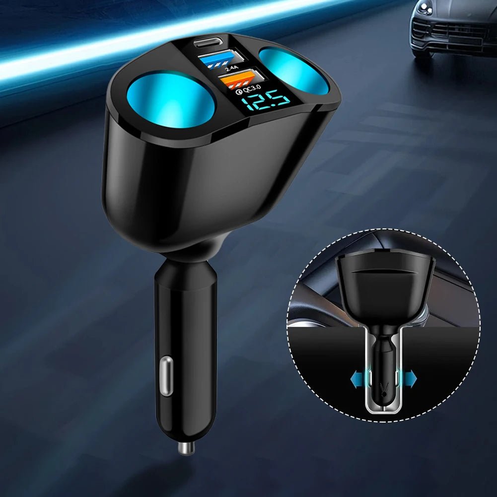 VOLTDUO – 12V–24V car charger with dual USB socket splitter and bright LED voltage display
