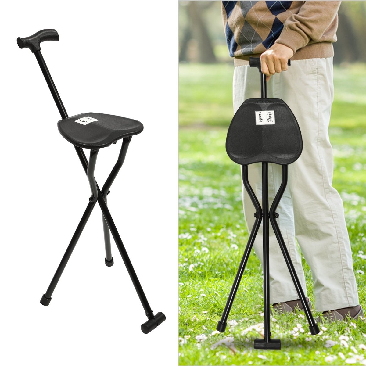 TRIPOSTICK – Folding Walking Cane with Built-in Seat for Travel and Outdoor Rest