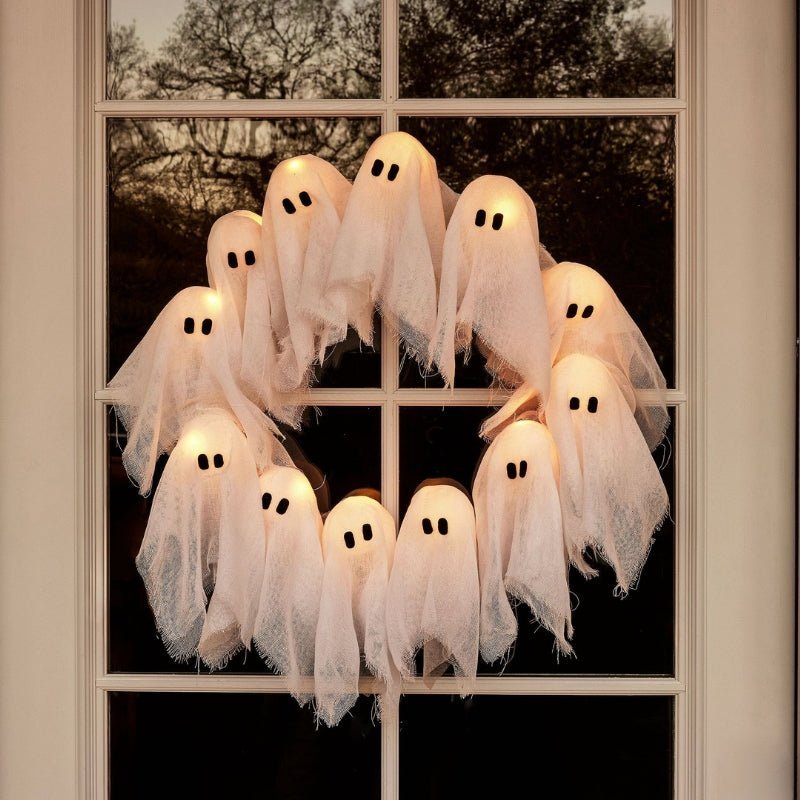 SPOOKGLOW – LED Ghost Wreath with 12 Illuminated Spirits 0