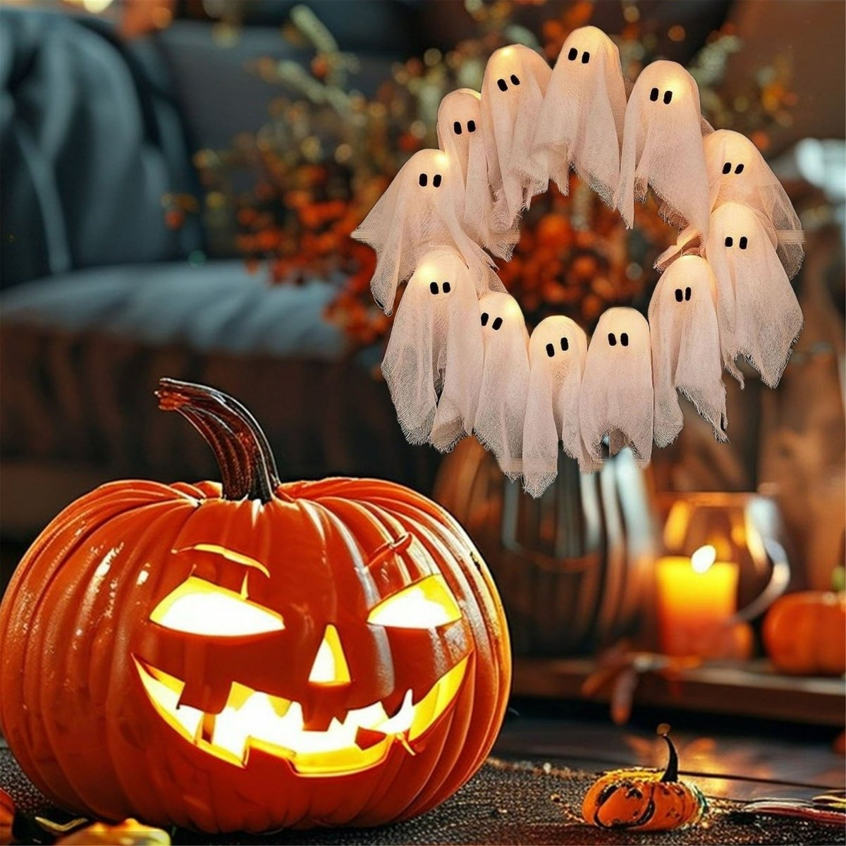 SPOOKGLOW – LED Ghost Wreath with 12 Illuminated Spirits 7