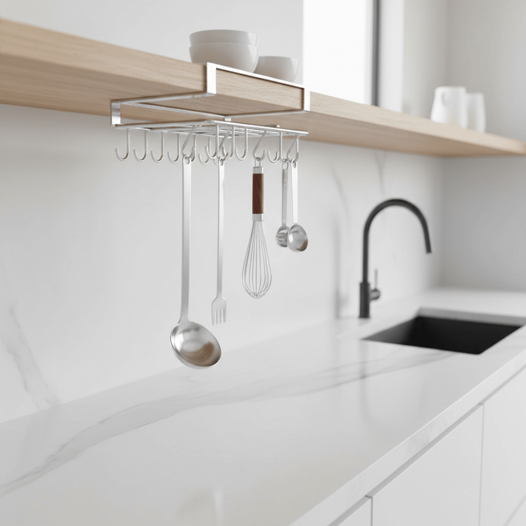 STEELSHELF – Stainless steel kitchen wall shelf with hooks for better organization 1