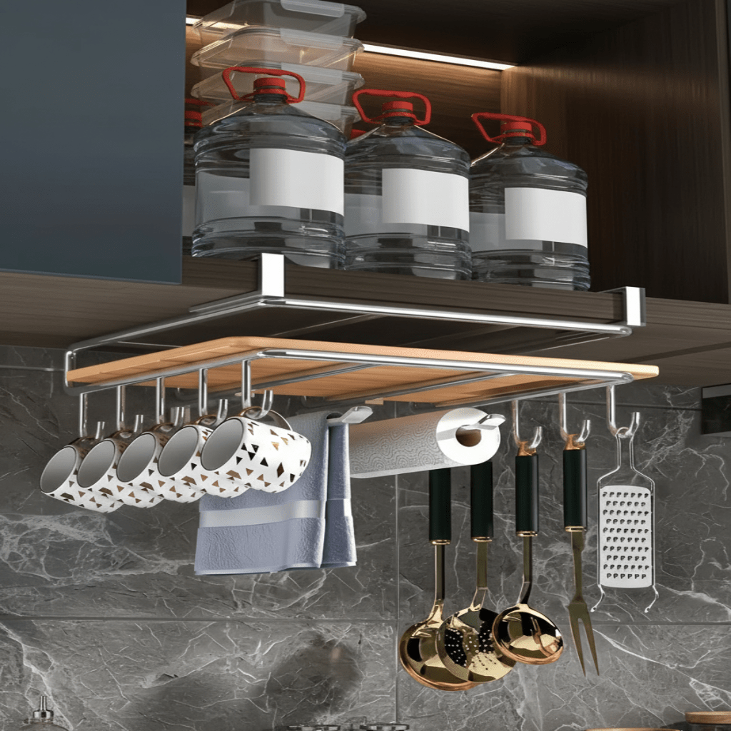 STEELSHELF – Stainless steel kitchen wall shelf with hooks for better organization 2