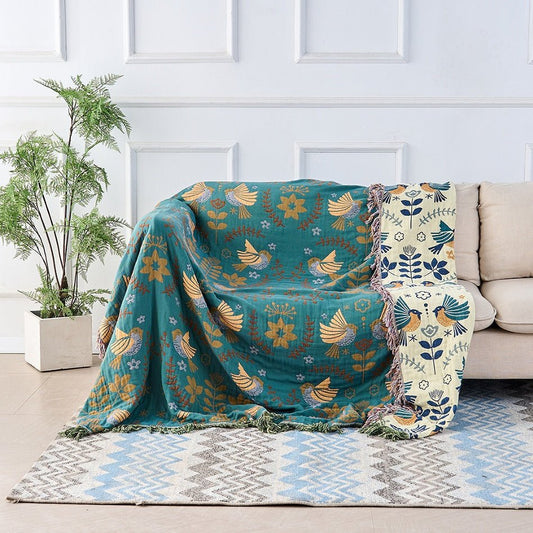 Scandinavian Reversible Throw Blanket - 100% Cotton with Bird Design 0