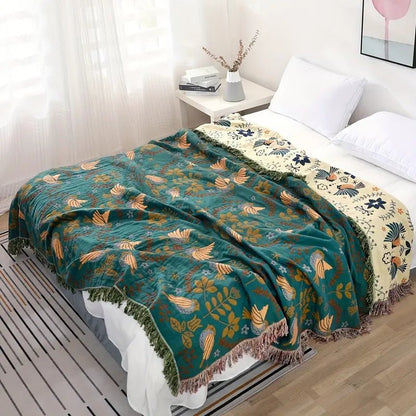 Scandinavian Reversible Throw Blanket - 100% Cotton with Bird Design 3