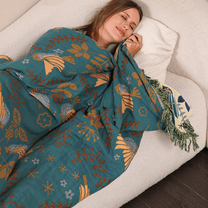 Scandinavian Reversible Throw Blanket - 100% Cotton with Bird Design 4
