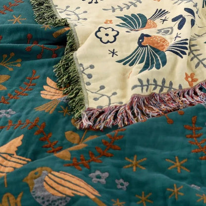 Scandinavian Reversible Throw Blanket - 100% Cotton with Bird Design 5