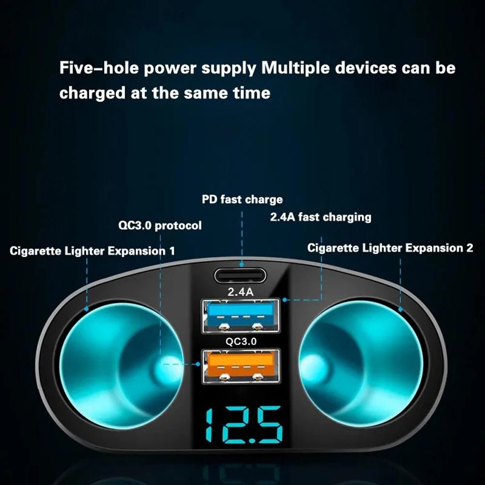 VOLTDUO – 12V–24V car charger with dual USB socket splitter and bright LED voltage display