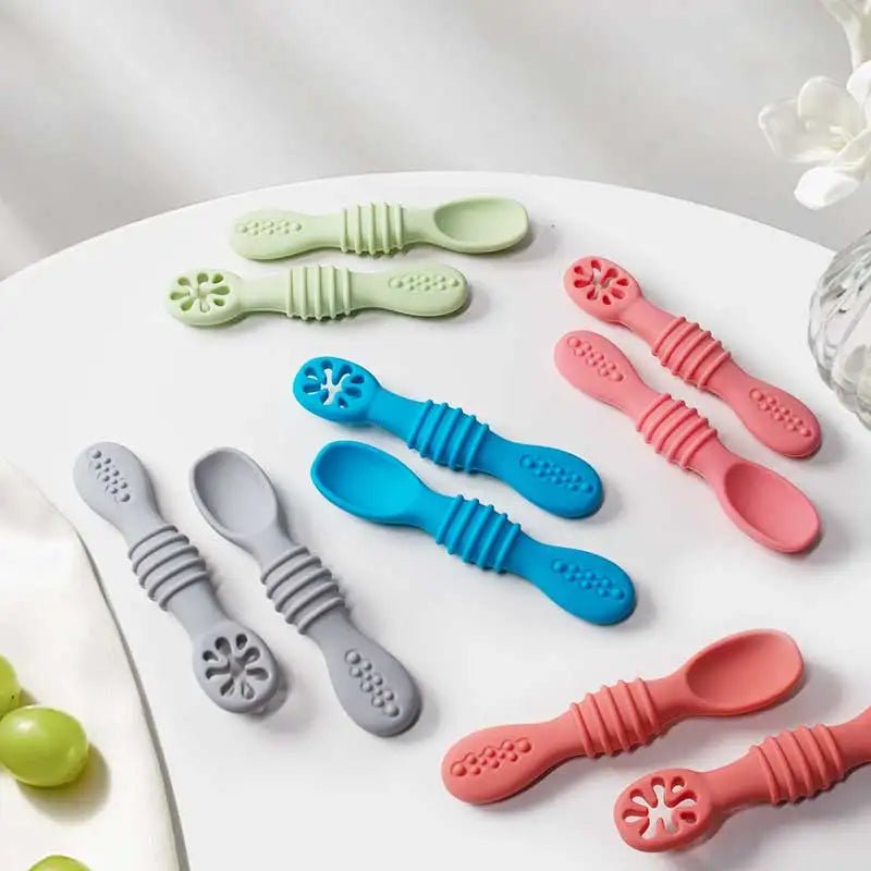 Soft Silicone Baby Feeding Spoon Set - 2Pcs Self-Feeding Tool for Toddlers 0