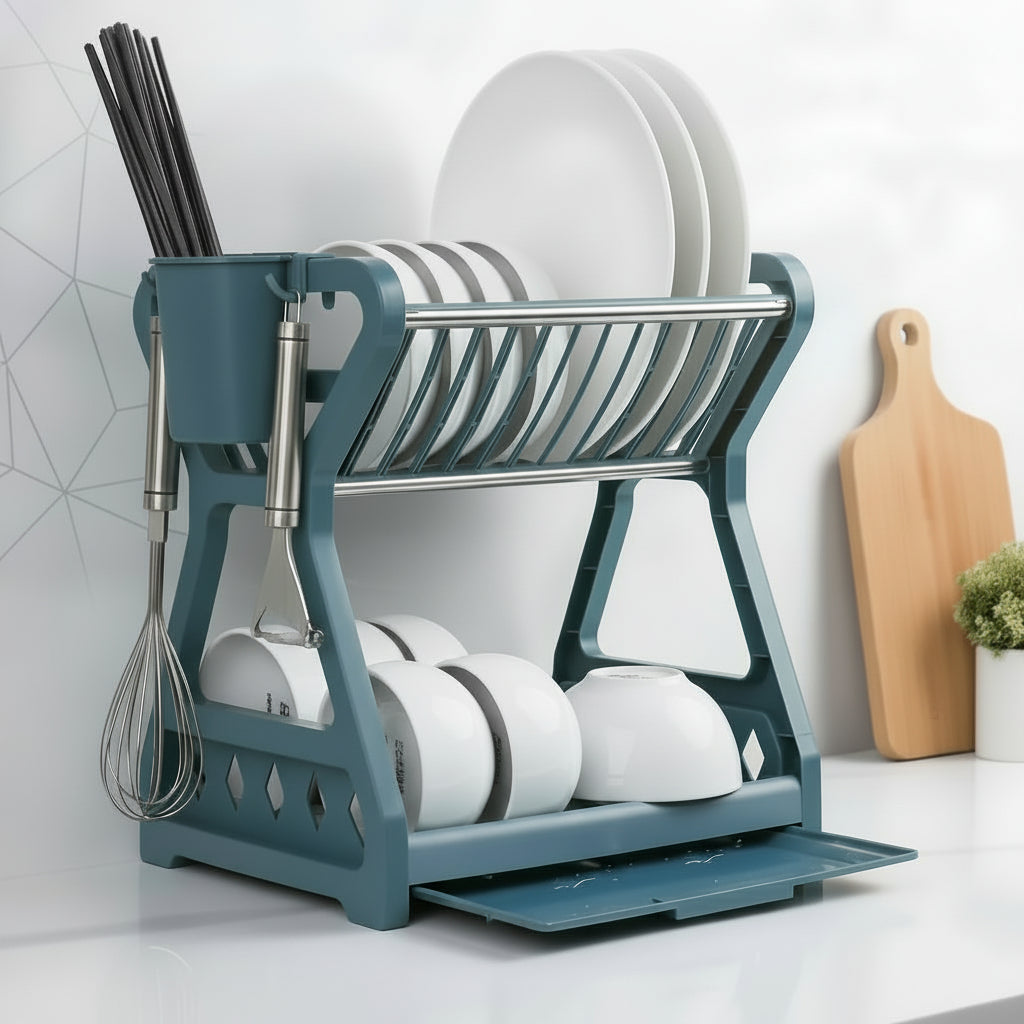 Space-Saving 2-Tier Dish Drainer with Utensil Holder & Draining Board 0