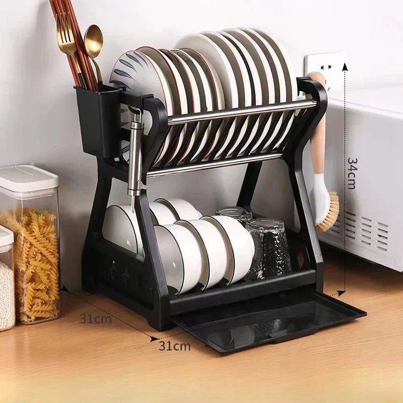 Space-Saving 2-Tier Dish Drainer with Utensil Holder & Draining Board 1