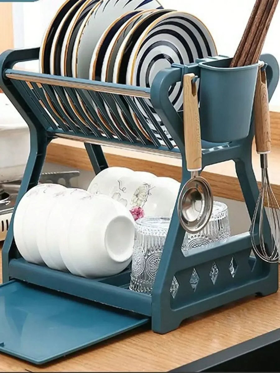 Space-Saving 2-Tier Dish Drainer with Utensil Holder & Draining Board 3