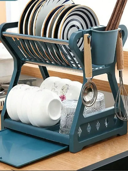 Space-Saving 2-Tier Dish Drainer with Utensil Holder & Draining Board 3
