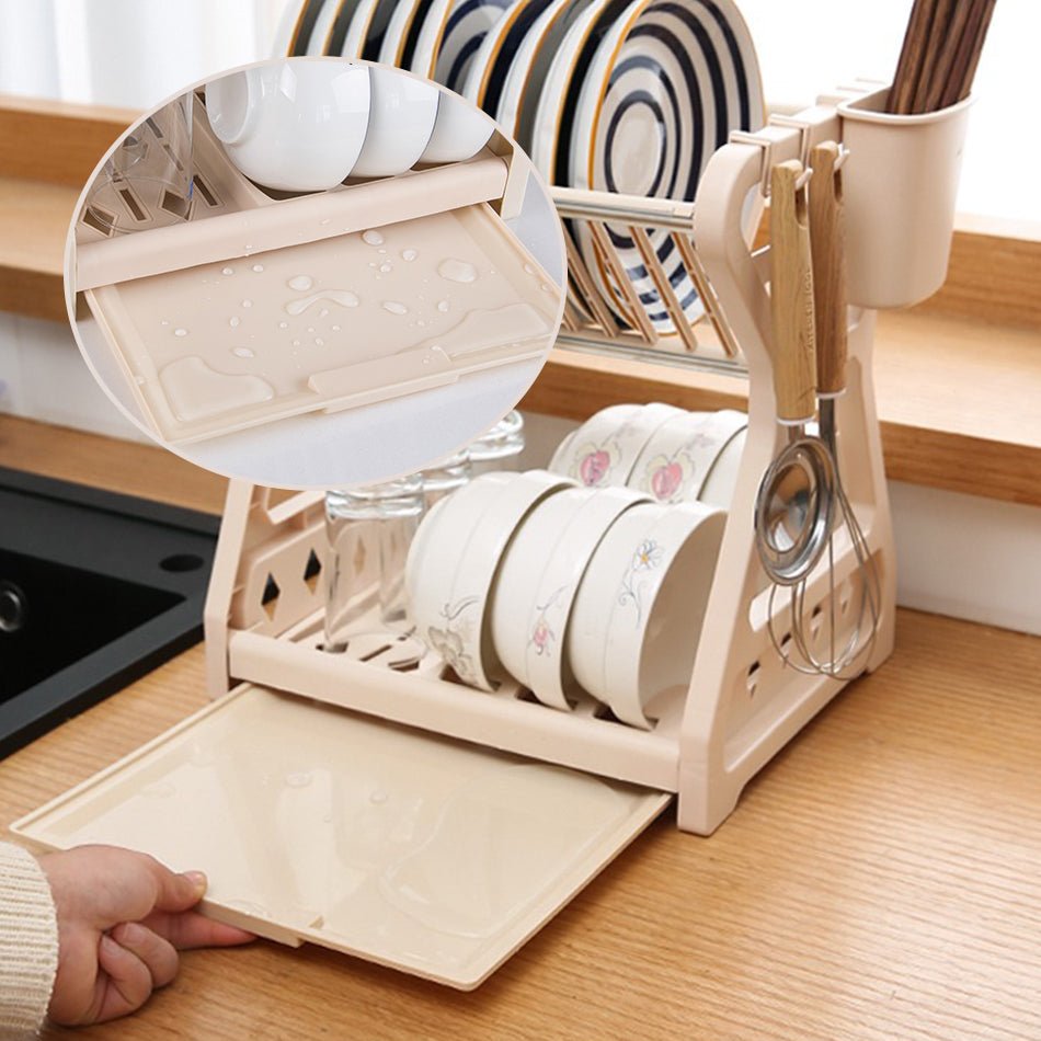 Space-Saving 2-Tier Dish Drainer with Utensil Holder & Draining Board 4