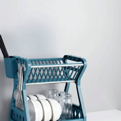 Space-Saving 2-Tier Dish Drainer with Utensil Holder & Draining Board 5