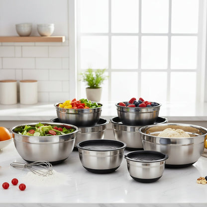 Stainless Steel Mixing Bowl Set - 6-Piece with Non-Slip Silicone Bottoms 0