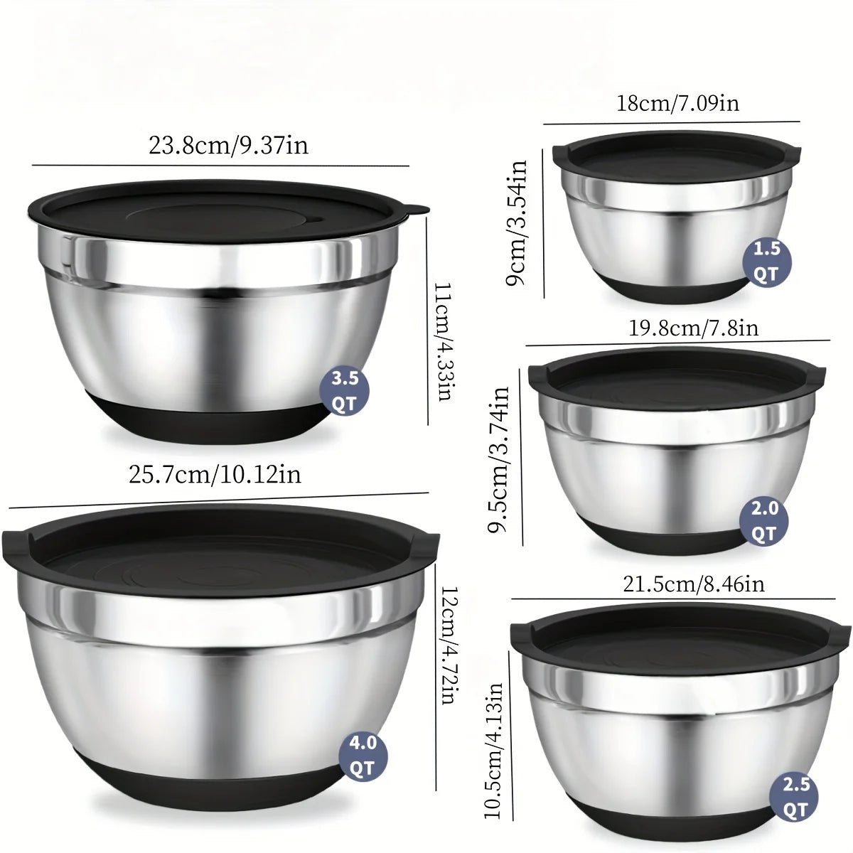 Stainless Steel Mixing Bowl Set - 8pcs with Airtight Lids & Non-Slip Bottoms 5