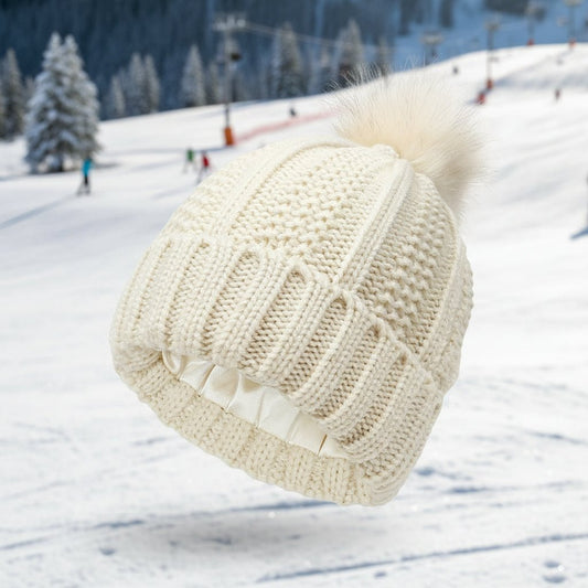 Stylish Anti-Static Pompom Beanie with Silk Lining for Healthy Hair 0