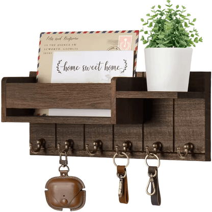 Stylish Solid Wood Wall Organizer with 6 Hooks & Mail Sorter for Home Decor 0