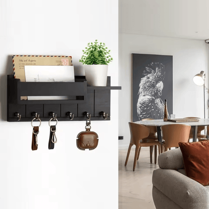 Stylish Solid Wood Wall Organizer with 6 Hooks & Mail Sorter for Home Decor 3