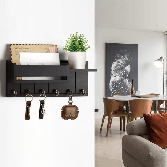 Stylish Solid Wood Wall Organizer with 6 Hooks & Mail Sorter for Home Decor 3