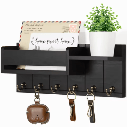 Stylish Solid Wood Wall Organizer with 6 Hooks & Mail Sorter for Home Decor 5