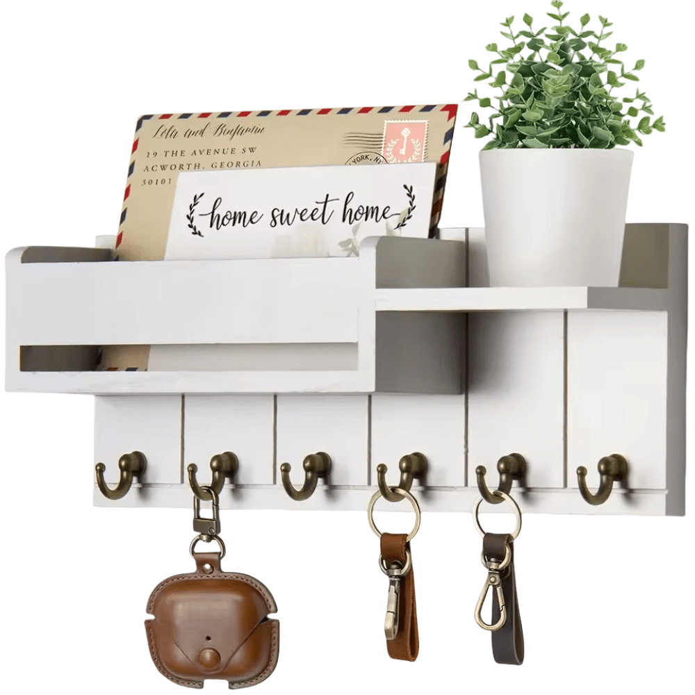 Stylish Solid Wood Wall Organizer with 6 Hooks & Mail Sorter for Home Decor 6