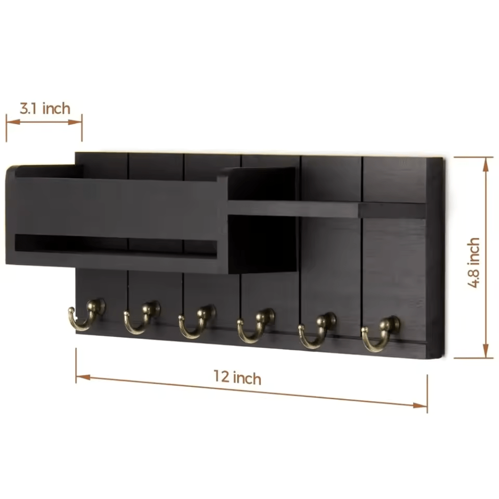 Stylish Solid Wood Wall Organizer with 6 Hooks & Mail Sorter for Home Decor 7