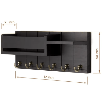 Stylish Solid Wood Wall Organizer with 6 Hooks & Mail Sorter for Home Decor 7