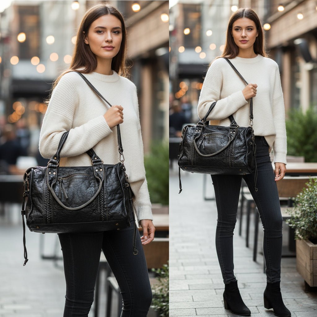 Trendy Black PU Leather Handbag with Adjustable Strap and Multiple Pockets 1