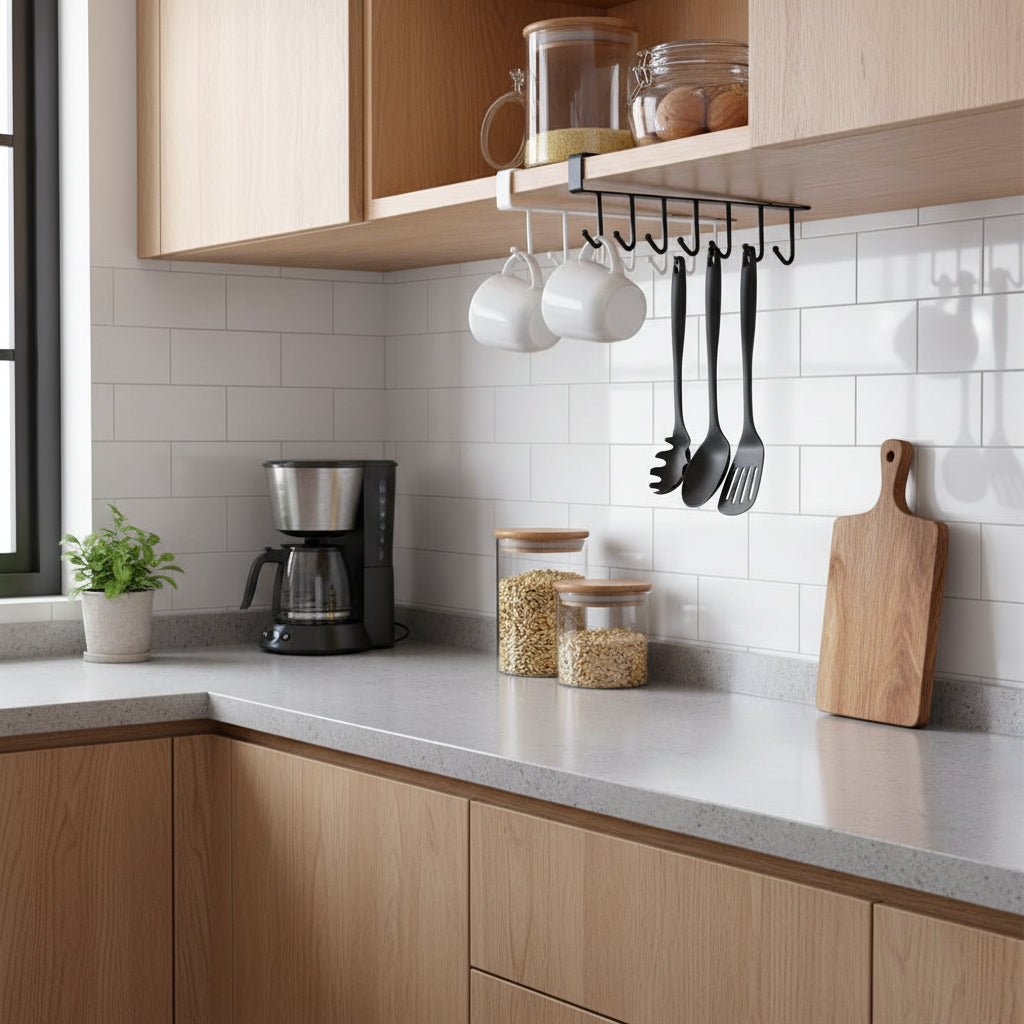 Under Cabinet Kitchen Organizer Hook Rack - Space-Saving Storage for Pots & Utensils 4