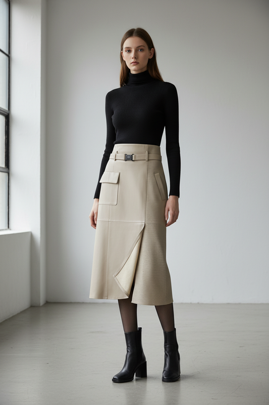 Vella - High-Waisted Sheepskin Leather Skirt with Asymmetrical Design & Pockets 0