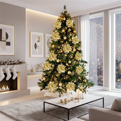 Vibrant Christmas Flower Ornaments - 14.5cm Glitter Christmas Tree Decorations in Pink, Red, Gold 2