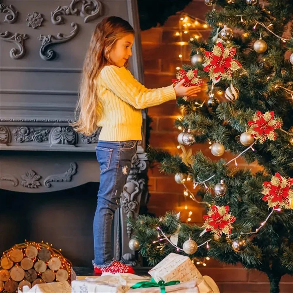 Vibrant Christmas Flower Ornaments - 14.5cm Glitter Christmas Tree Decorations in Pink, Red, Gold 3