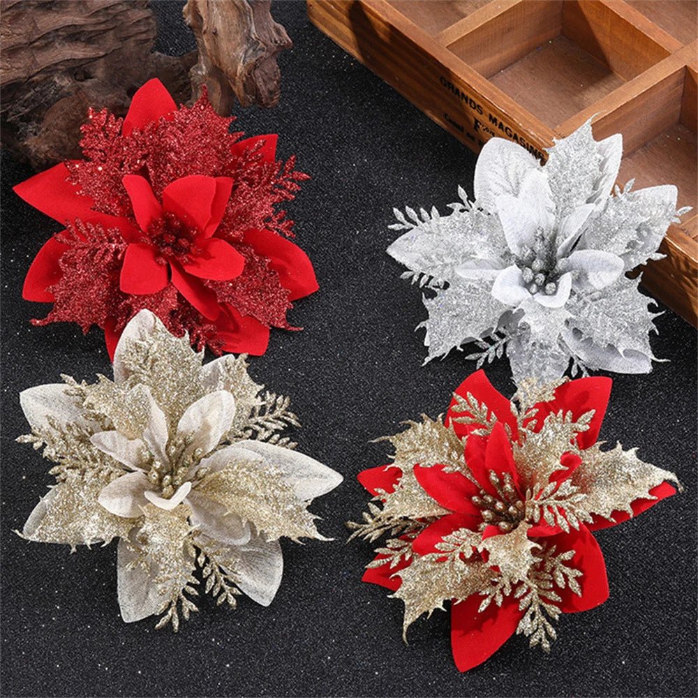 Vibrant Christmas Flower Ornaments - 14.5cm Glitter Christmas Tree Decorations in Pink, Red, Gold 4