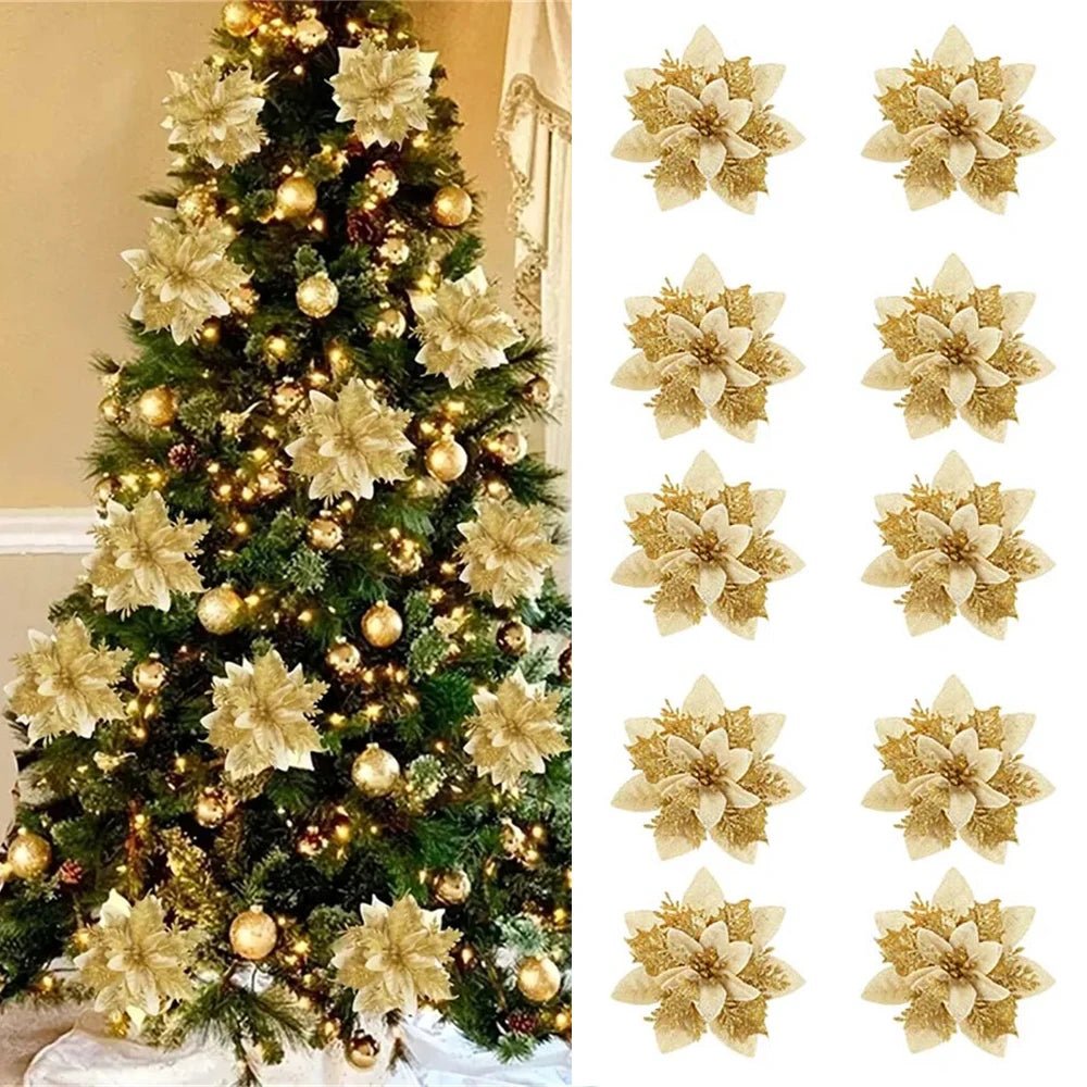 Vibrant Glitter Artificial Flowers - 14.5cm Christmas Tree Ornaments in Pink, Red, Gold 0