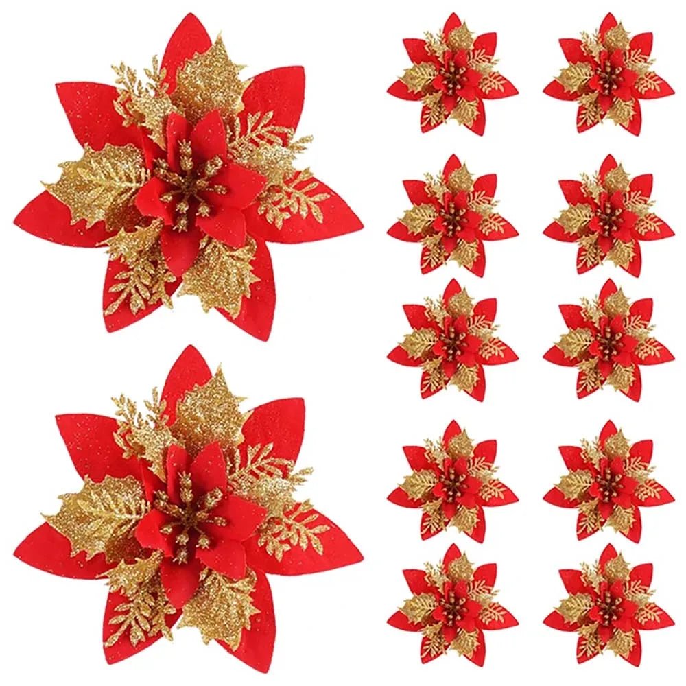 Vibrant Glitter Artificial Flowers - 14.5cm Christmas Tree Ornaments in Pink, Red, Gold 5