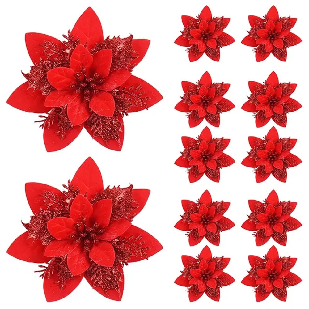 Vibrant Glitter Artificial Flowers - 14.5cm Christmas Tree Ornaments in Pink, Red, Gold 8