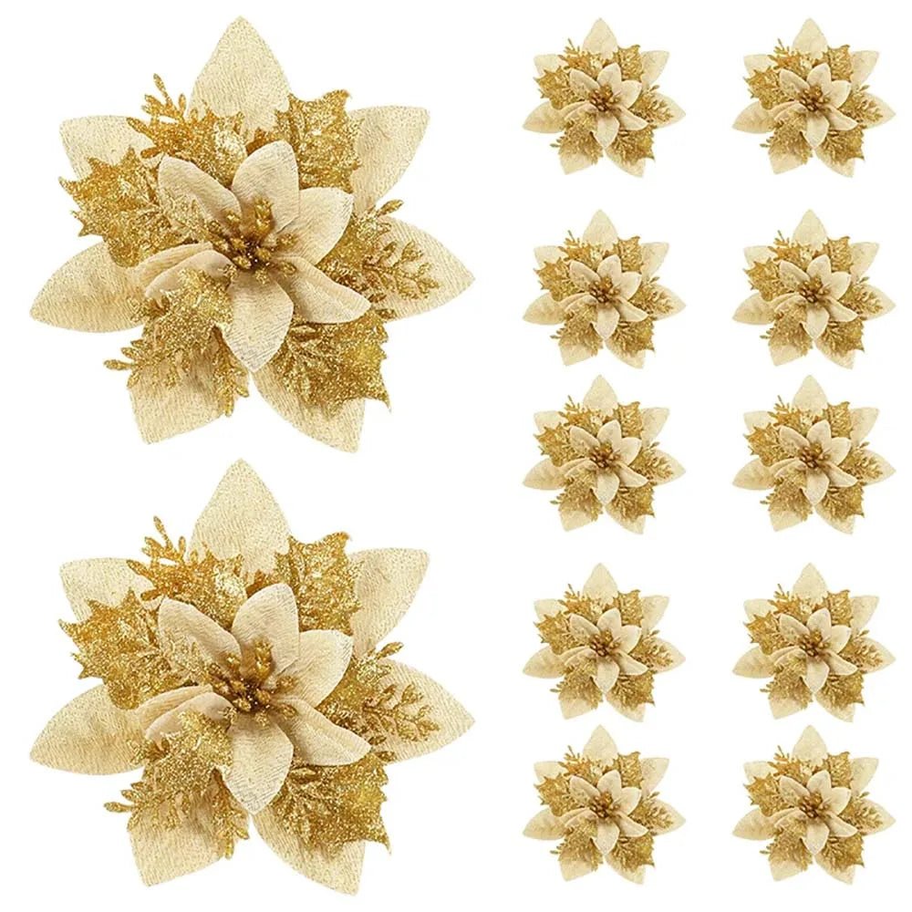 Vibrant Glitter Artificial Flowers - 14.5cm Christmas Tree Ornaments in Pink, Red, Gold 9