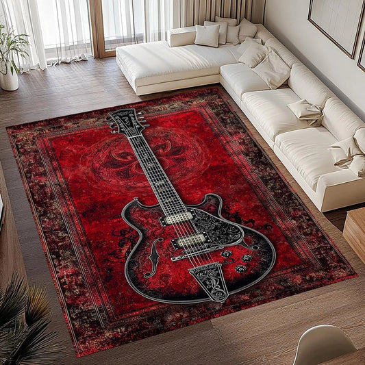 Vintage Guitar Print Area Rug - Soft Flannel Non-Slip Floor Mat for Home Decor 0