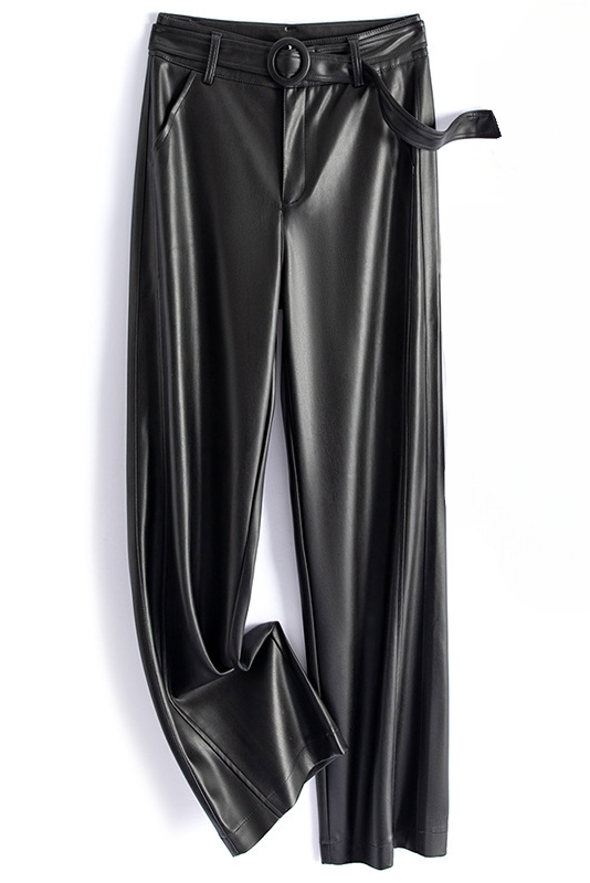 Vivian Sheepskin Leather Pants - Straight-Leg Design with Circular Buckle 0