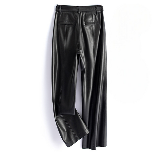 Vivian Sheepskin Leather Pants - Straight-Leg Design with Circular Buckle 1
