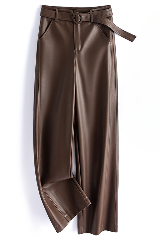 Vivian Sheepskin Leather Pants - Straight-Leg Design with Circular Buckle 2