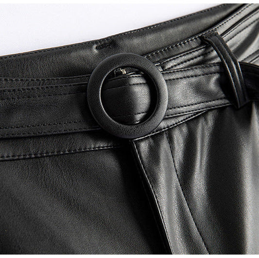 Vivian Sheepskin Leather Pants - Straight-Leg Design with Circular Buckle 4