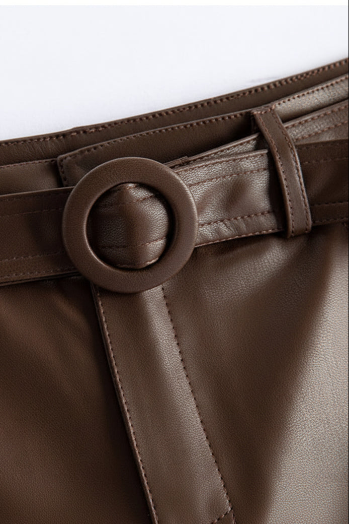 Vivian Sheepskin Leather Pants - Straight-Leg Design with Circular Buckle 7