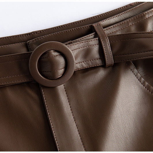 Vivian Sheepskin Leather Pants - Straight-Leg Design with Circular Buckle 7