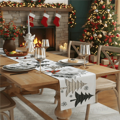 WINTERGRACE – Elegant Table Runner with Christmas Tree & Snowflake Motifs