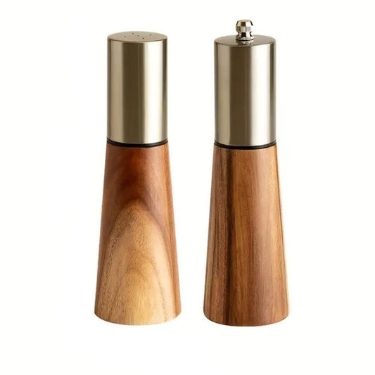 Wooden Salt Shaker & Pepper Mill Set - Adjustable Grind with Gold Stainless Steel Top 0