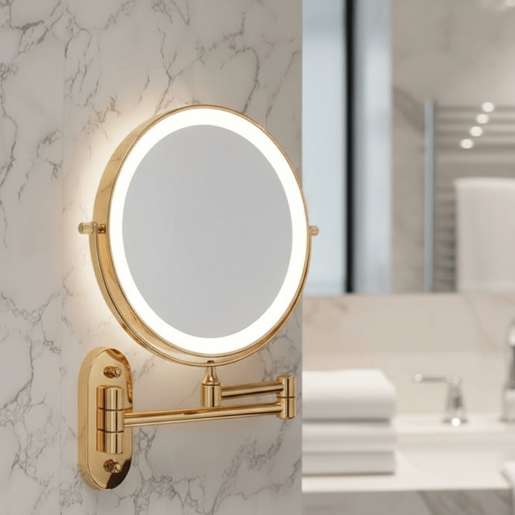 REFLECTIQ – Elegant Rechargeable Gold Mirror with Bright LED Ring & 10X Lens